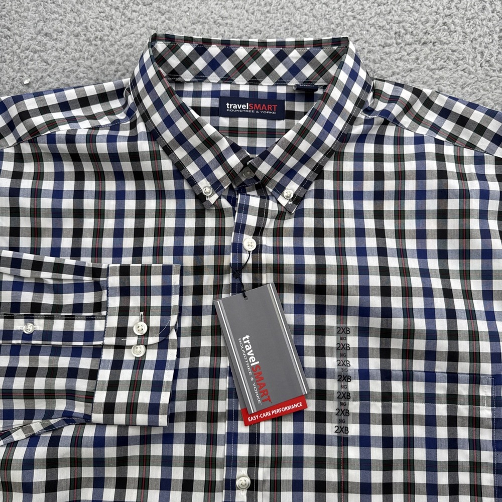 TravelSmart Dress Casual Shirt Mens XXL Big 2XB L/S White Plaid Roundtree &Yorke